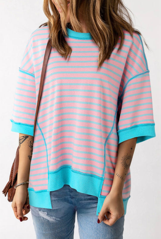 Pre-Order Pink & Blue Stripe High Low Oversized T-Shirt