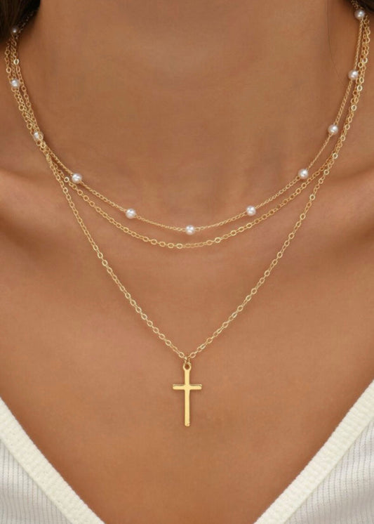 Cross & Pearl Pendant Layered Necklaces