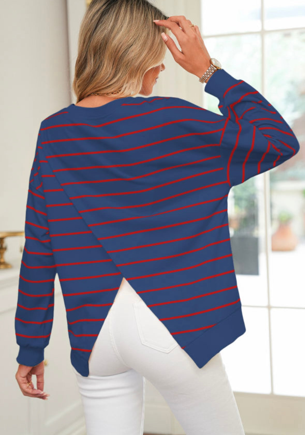 Red & Blue Stripe Split Back Top