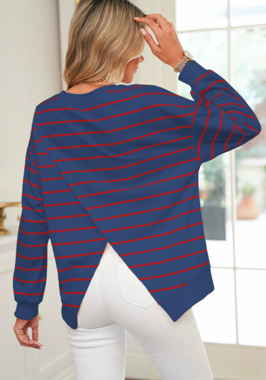 Red & Blue Stripe Split Back Top