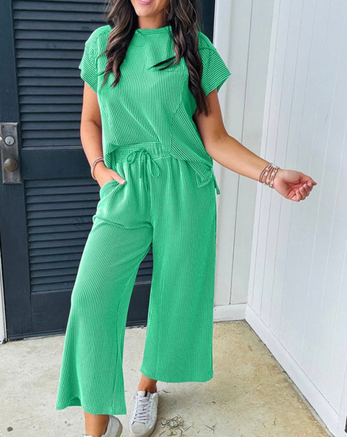 Pre-order Bright Green Corded Short Sleeve & Wide Leg Pants Set