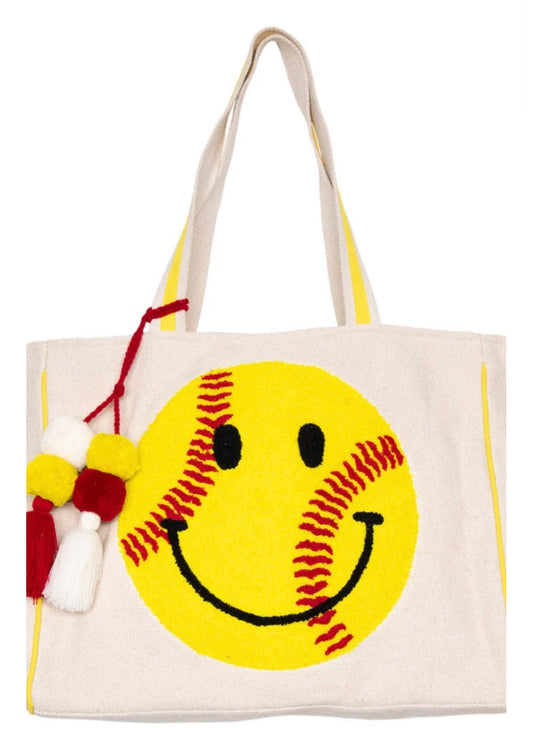 Chenille Softball Happy Face Canvas Tote Bag