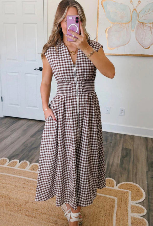 Pre-order Coffee Plaid Cinched Waist Sleeveless Maxi Dress