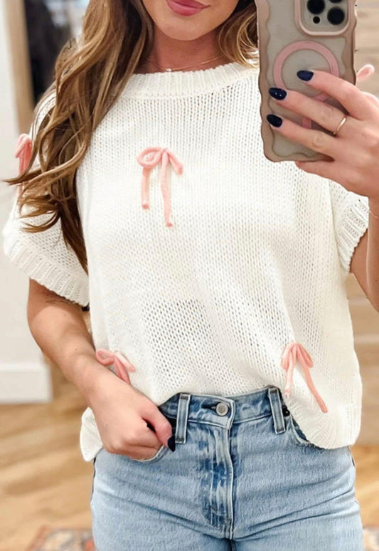 Pre-order White Knit Bow Short Sleeve Sweater