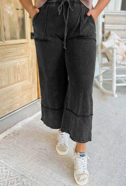 Pre-Order Black Mineral Wash Exposed Seam Wide Leg Cropped Pants
