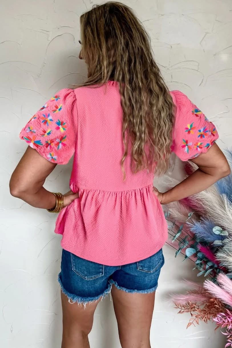 Pink Embroidered Puff Sleeve Blouse