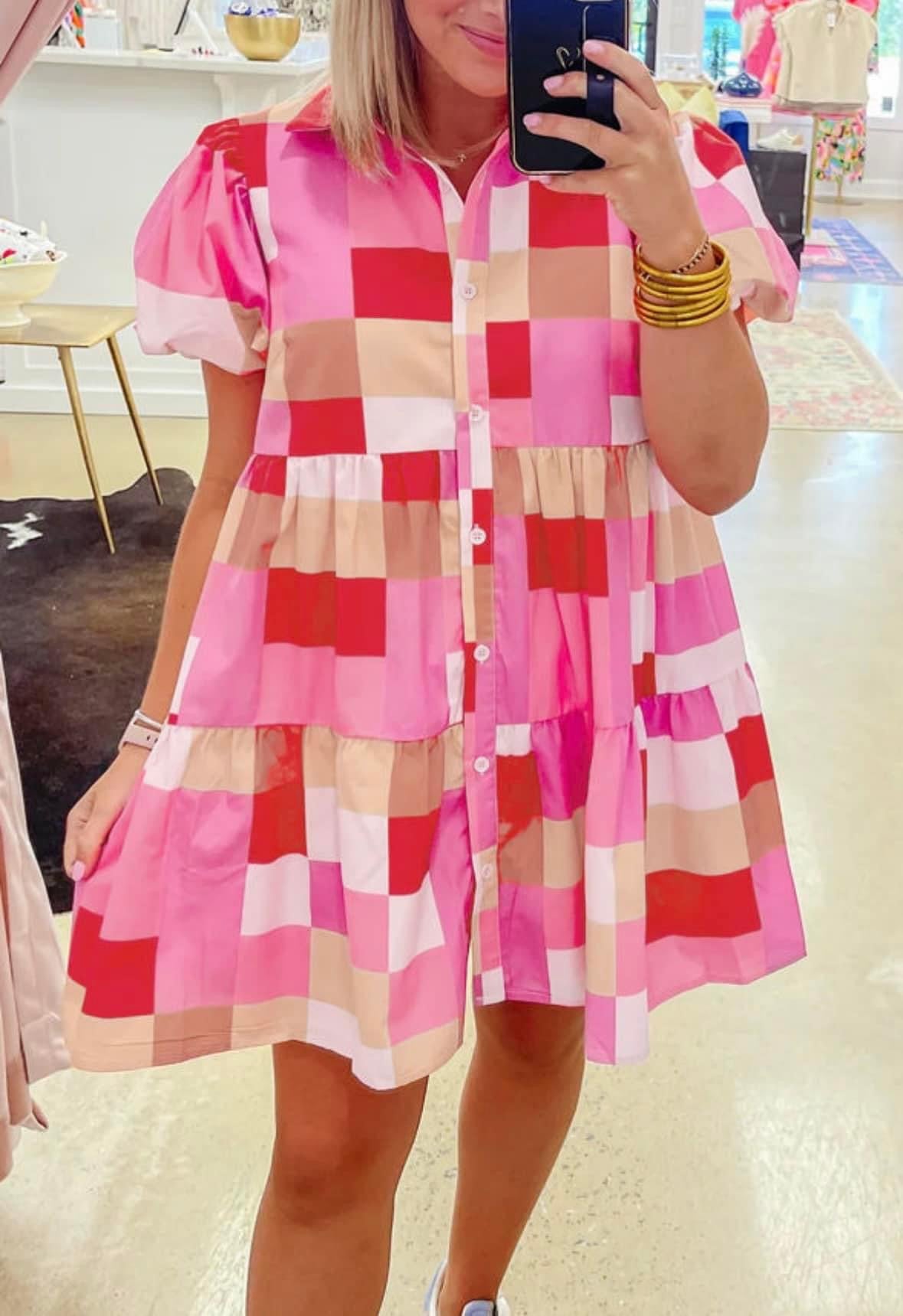 Pre-Order Pink Plaid Print Puff Sleeve Dress