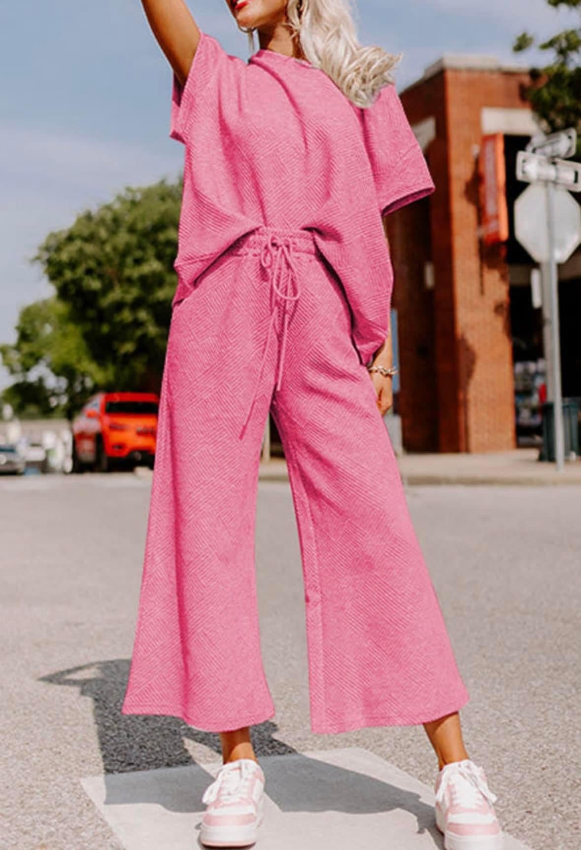 Pre-Order Strawberry Pink Textured Loose Fit Pants Set