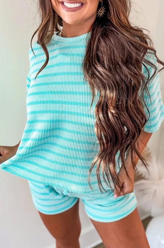 Pre-order Blue Stripe Ribbed Short Set