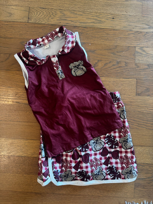 Maroon and White Bulldog Collared Skort Set