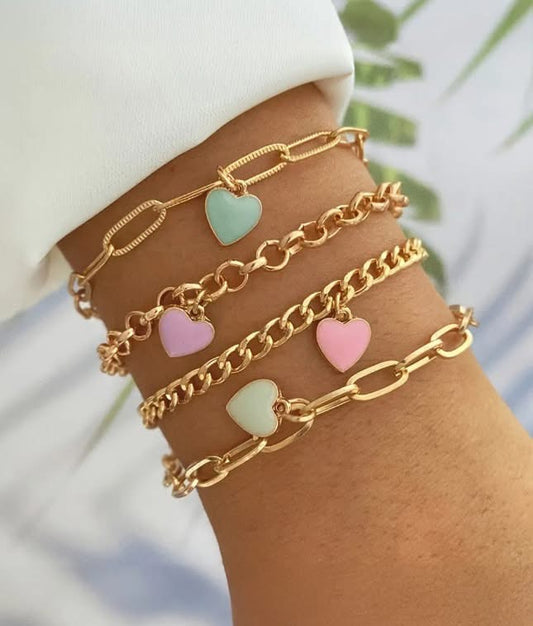 Gold Heart Charm Bracelet Set