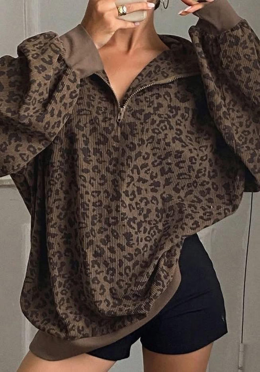 Leopard Corduroy Quarter Zip Sweatshirt