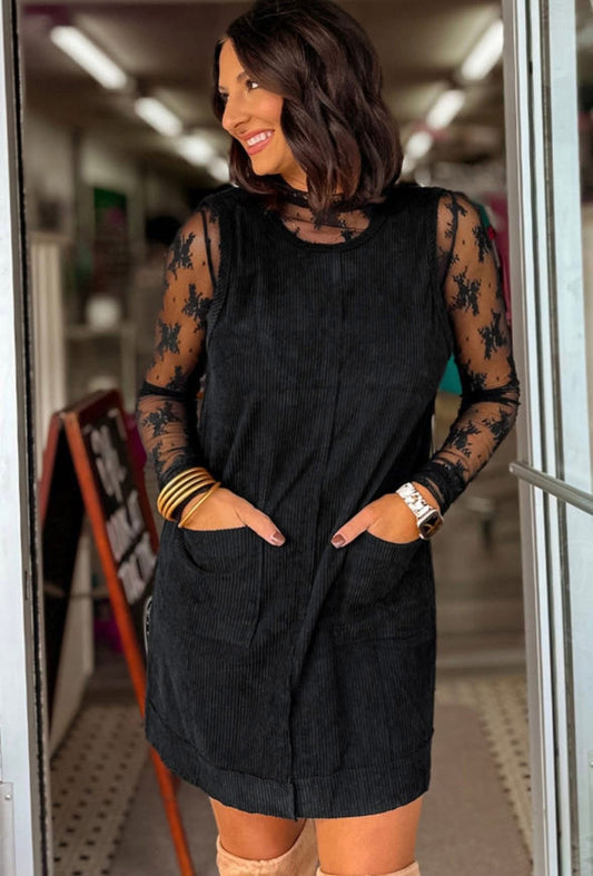 Pre-order Black Corduroy Mini Dress