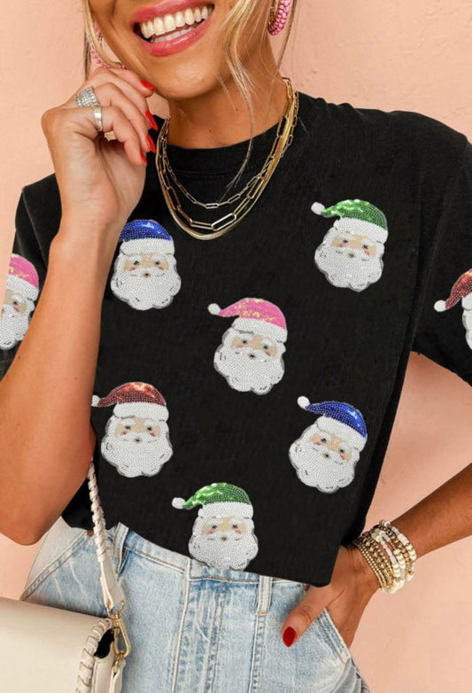 Sequin Applique Colorful Santa Tee