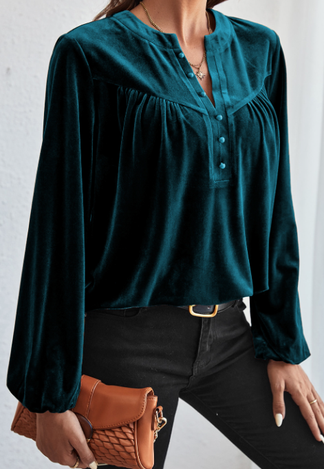 Pre-order Lantern Sleeve V-Neck Velvet Blouse