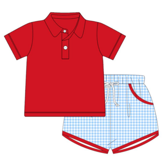 Red & Powder Blue Polo Short Set