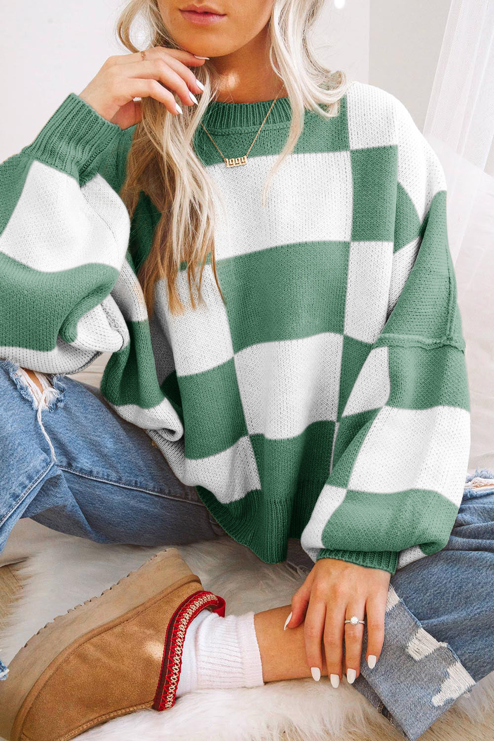 Dark Brown Checkered Bishop Sleeve Sweater