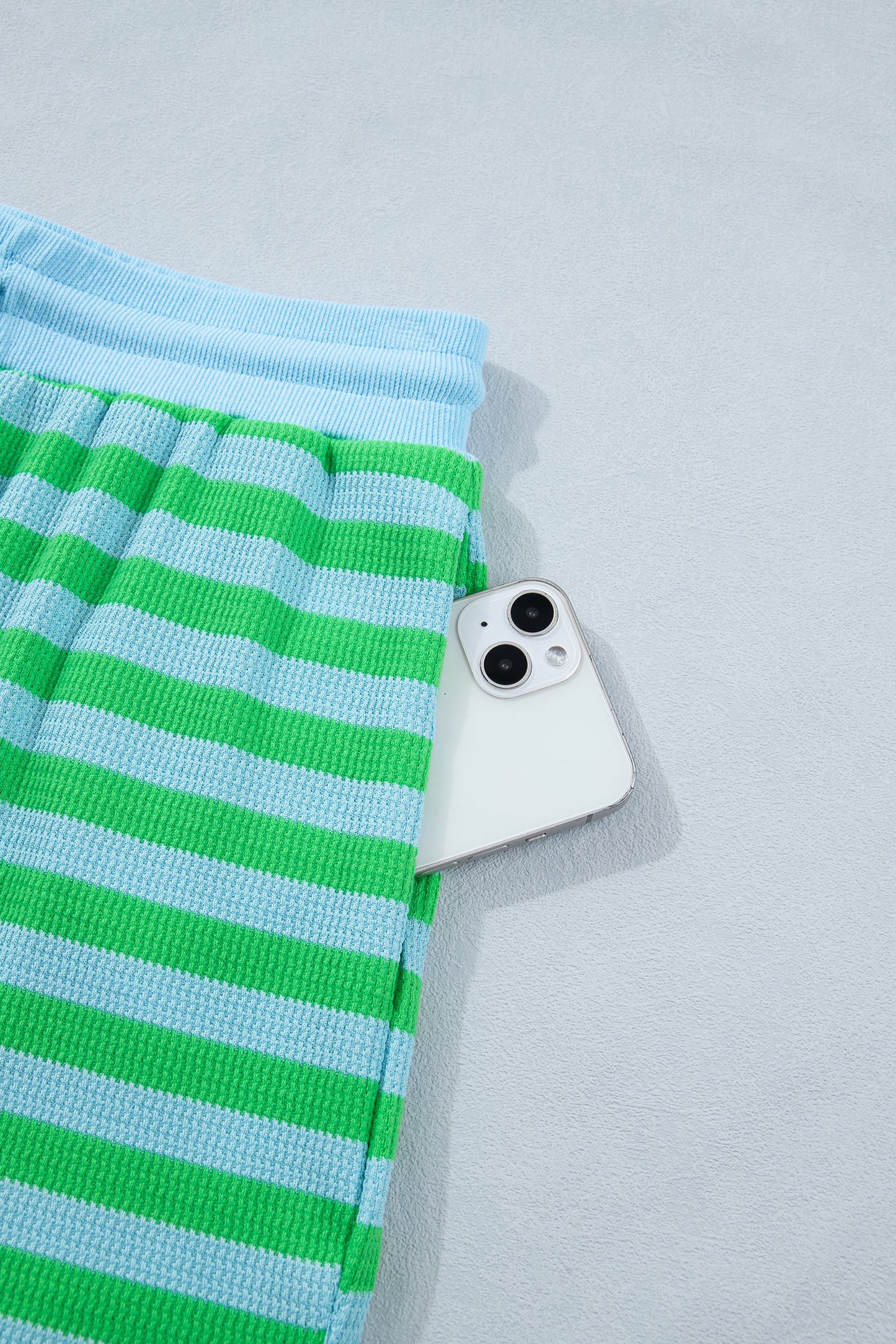 Green Stripe Puff Short Sleeve T Shirt Matching Shorts Set