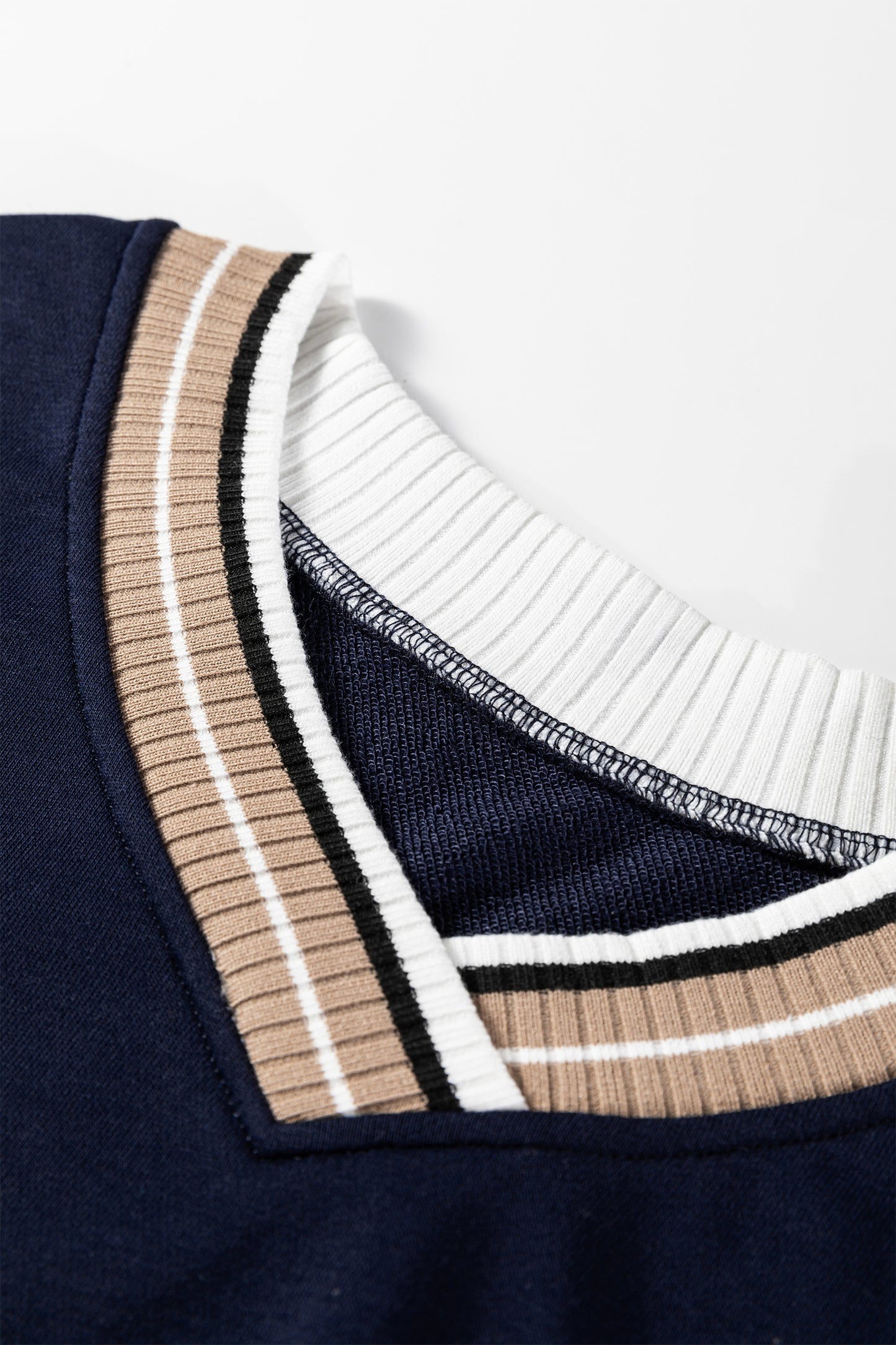 Parchment Varsity Contrast Striped Trim V Neck Sweatshirt
