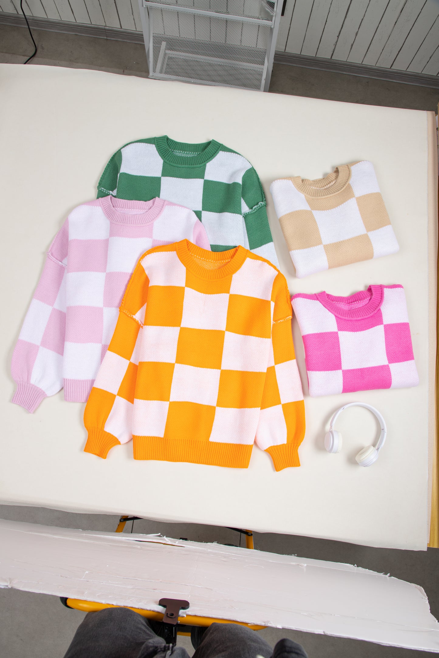 Dark Brown Checkered Bishop Sleeve Sweater