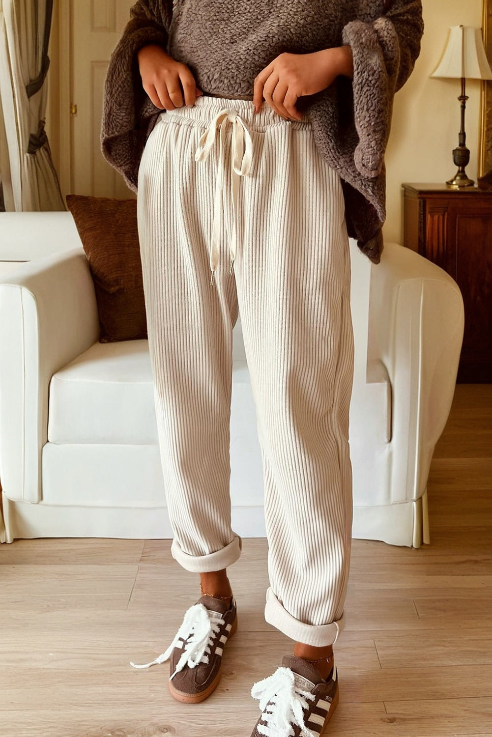 Chestnut Drawstring Elastic Waist Casual Corduroy Pants