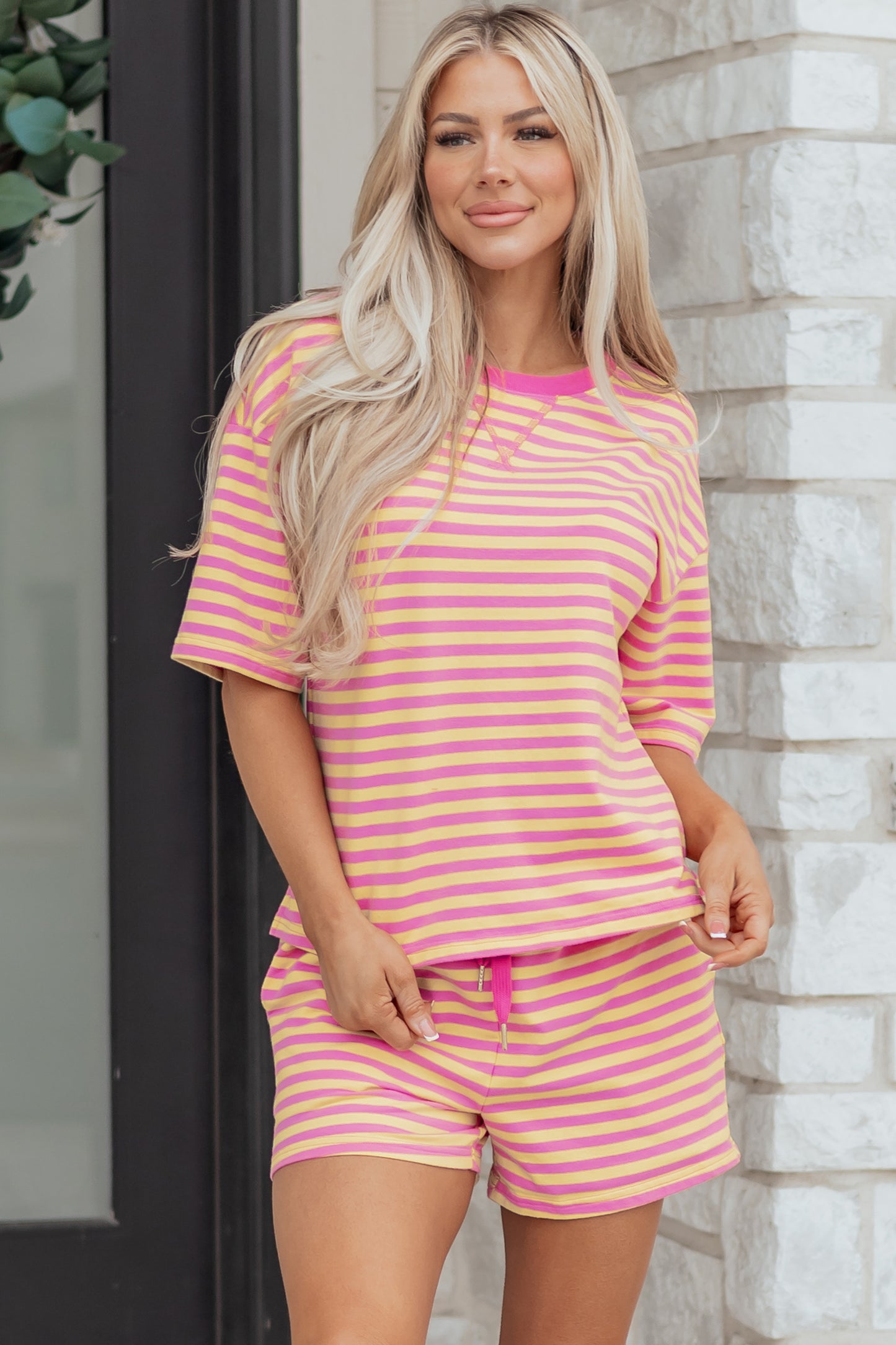 Green Stripe Drop Shoulder Boxy Casual Terry Short Set