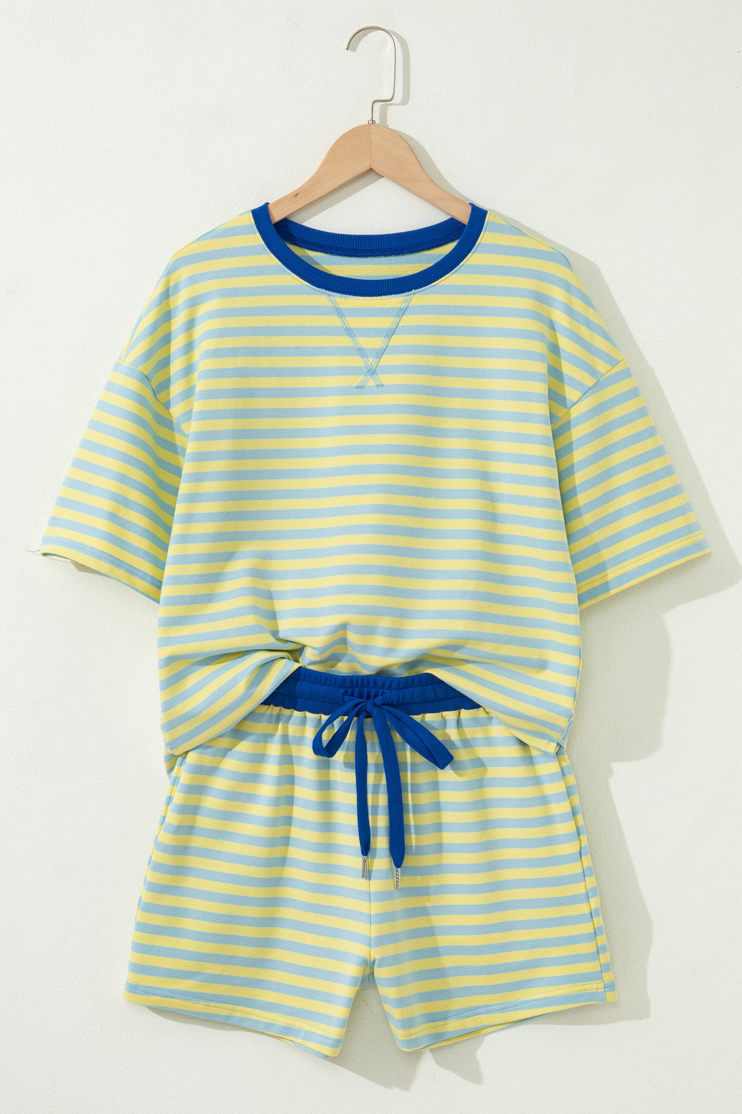 Green Stripe Drop Shoulder Boxy Casual Terry Short Set
