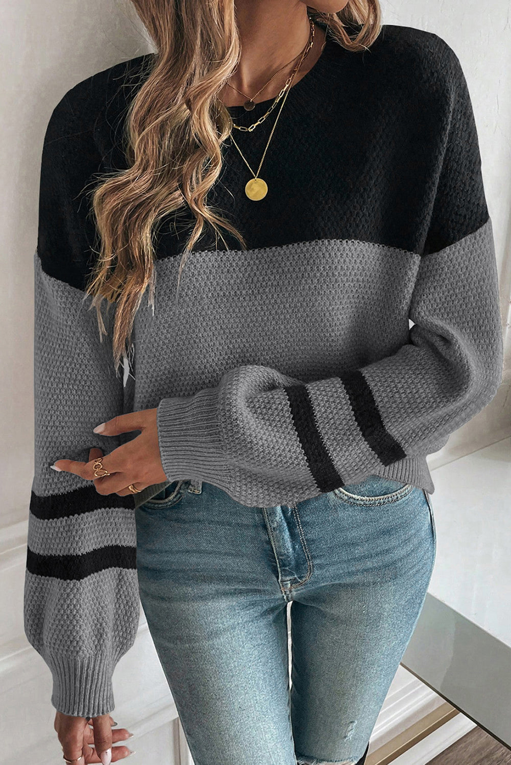 Dark Brown Color Block Knit Striped Sleeve Detail Casual Sweater