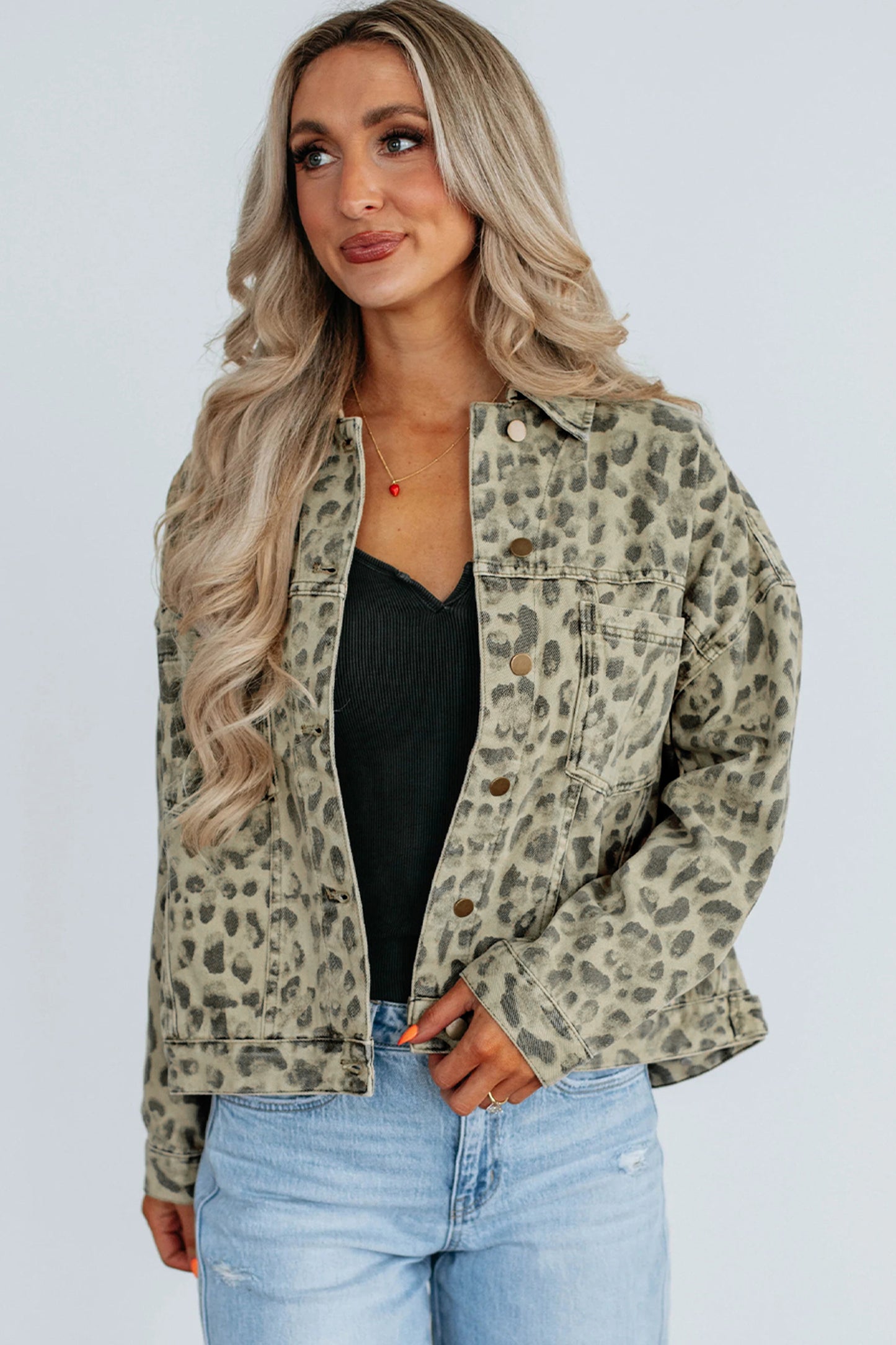 Khaki Retro Leopard Print Seam Detail Button Down Denim Jacket
