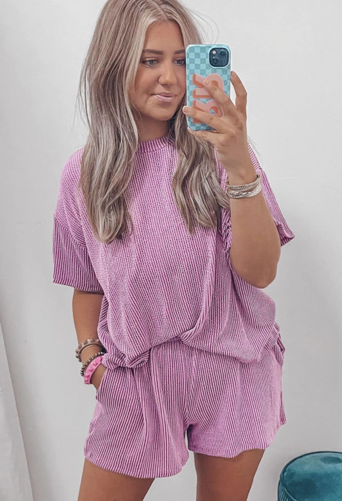 Pink Ribbed Loose Fit Tee and Short Set